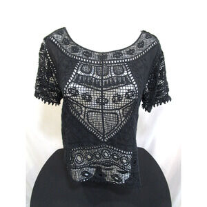 Ultra Pink Boho Black Lace Crochet Short Sleeve Blouse M